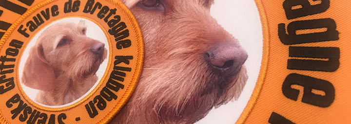 Ett tygmärke med tryck föreställande en hund och broderad text runt omkring. Perfekt exempel på hybridtygmärke.