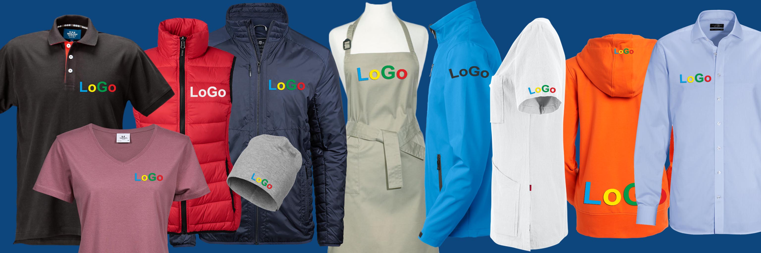 Fem exempel på Brodyrhusets maskinbroderi: personlig brodyr, broderade profilkläder med logotyp och liknande.