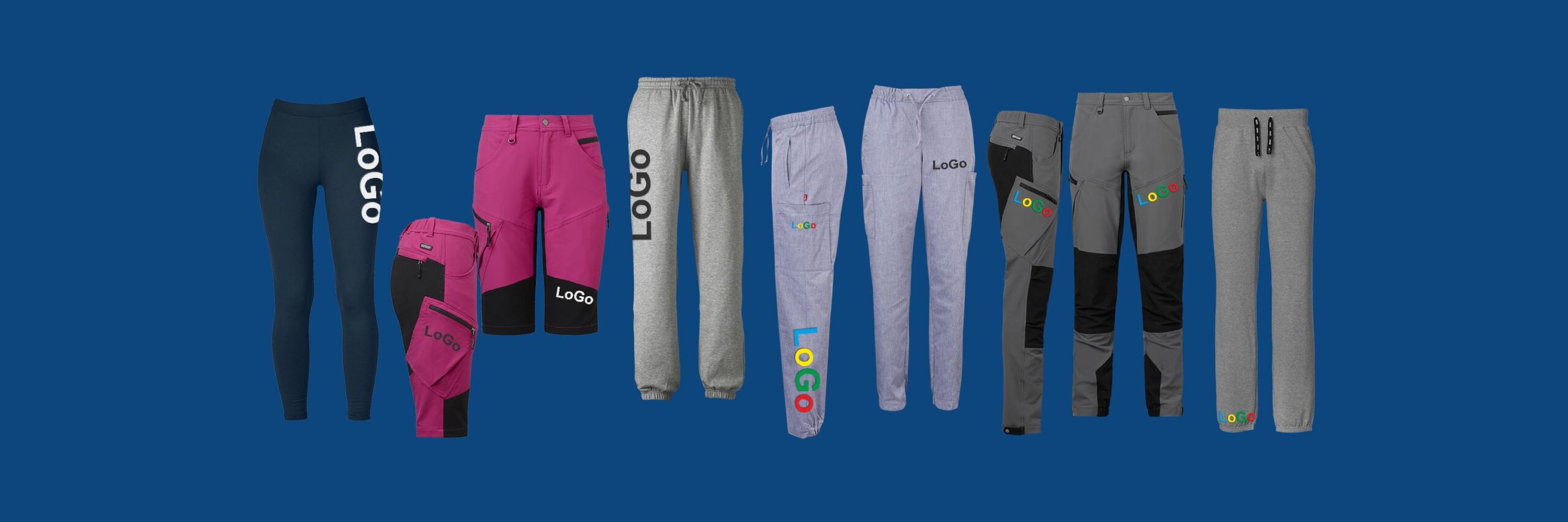 Exempel på profilerade byxor som visar olika placeringar av logotyp.