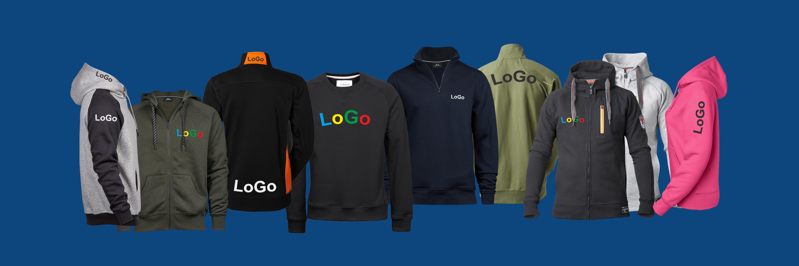 Exempel på profilerade collegetröjor, hoodies, sweatshirts och placeringar av logotyp.