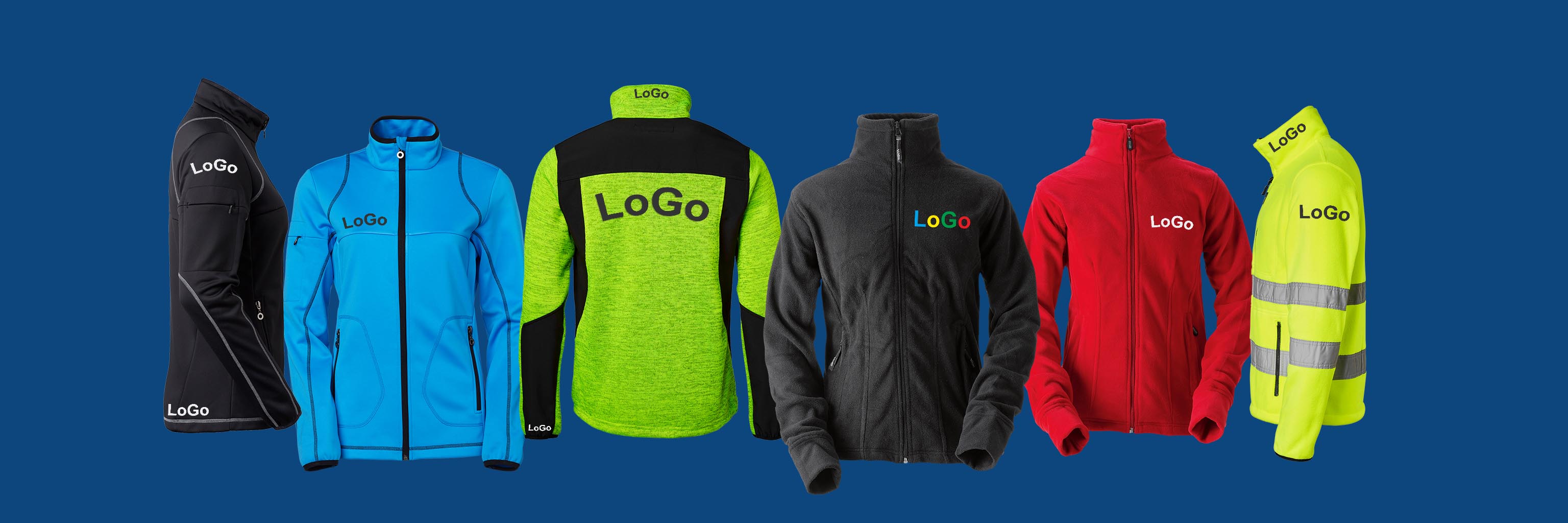 Exempel på profilfleecejackor och placeringar av logotyp.