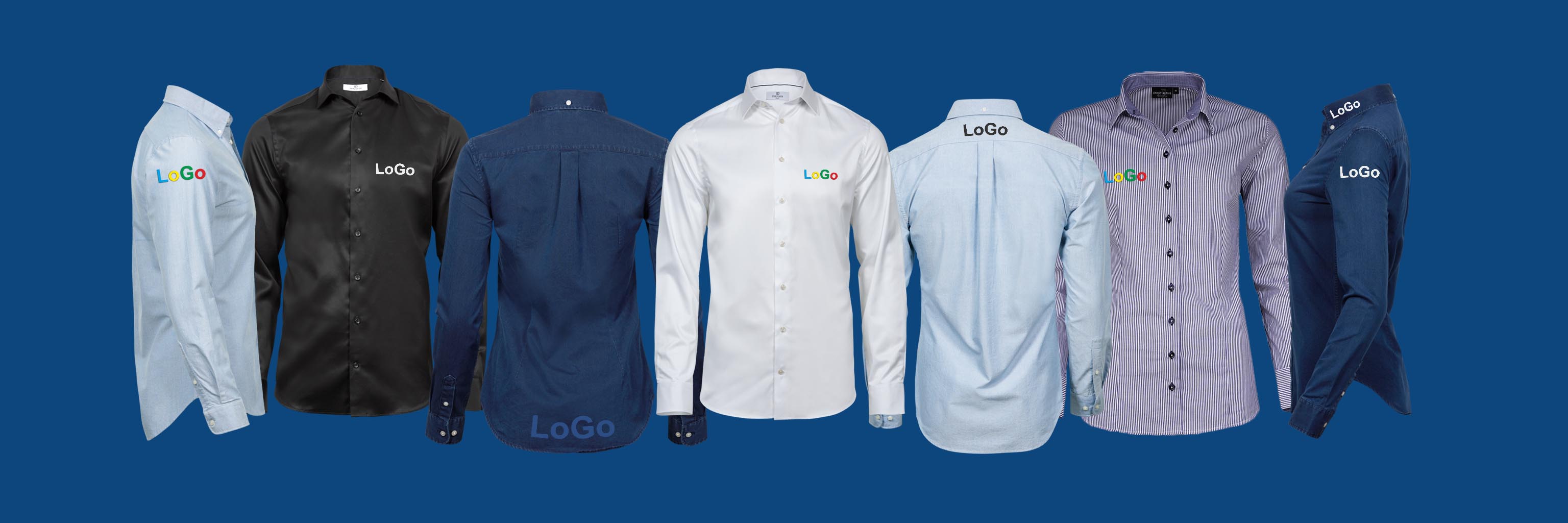 Exempel på profilerade skjortor som visar olika placeringar av logotyp.