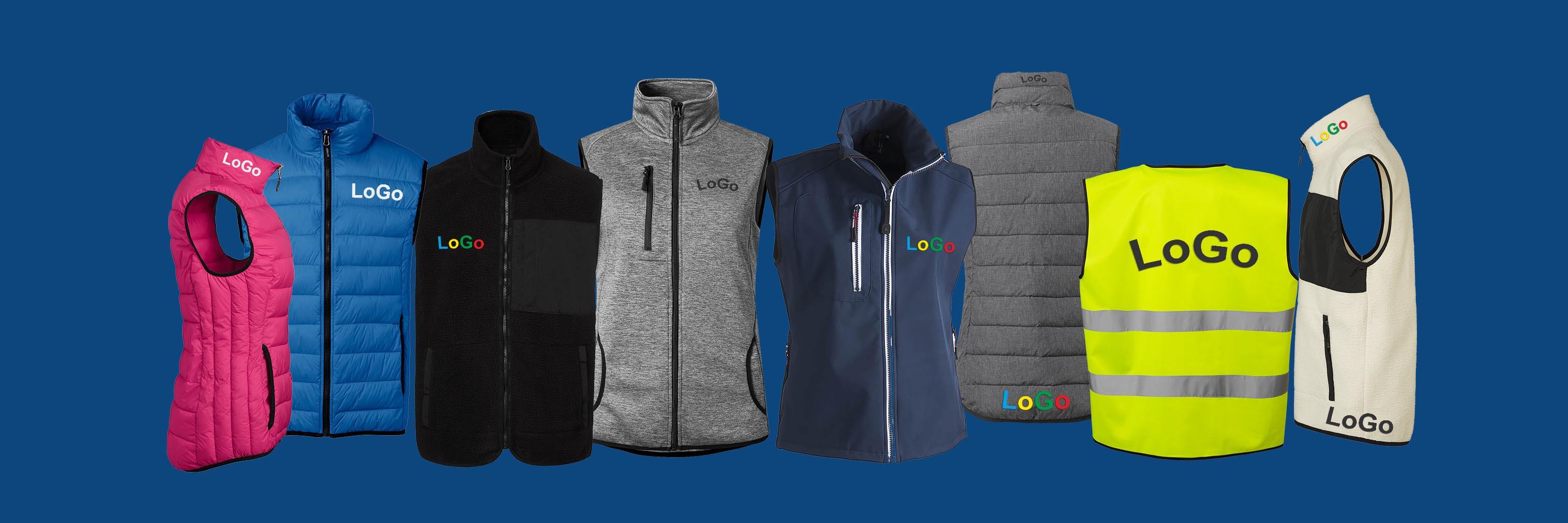 Exempel på profilerade västar som visar olika placeringar av logotyp.