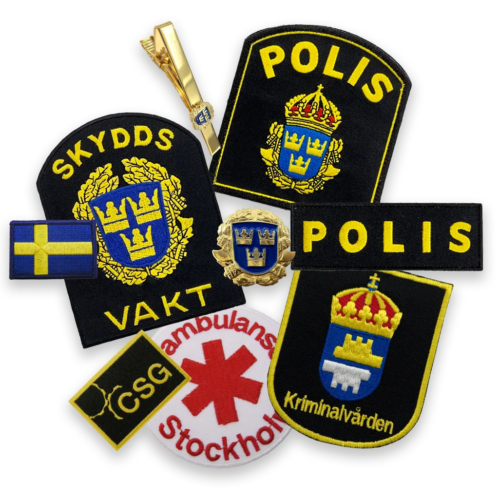 Uniformsmärken för polis, väktare och dylikt, i tyg och andra material.