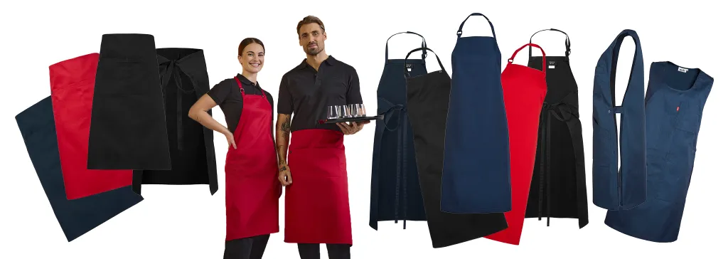 Förkläden av olika modeller och färger från vår leverantör Båstadsgruppen.