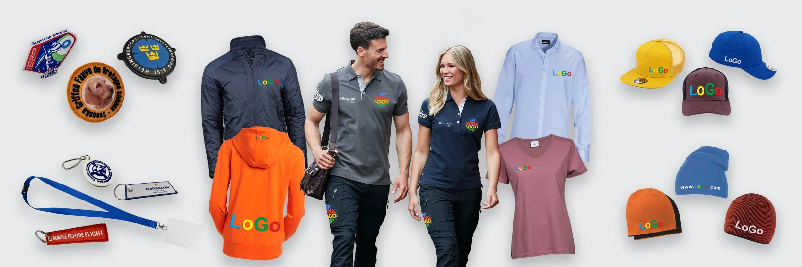 Showcase av Brodyrhusets tjänster: broderade profilkläder, olika sorters tygmärken, kepsar med logotyper samt mössor och nyckelringar.
