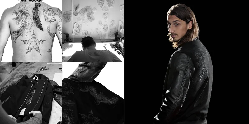 Kollage som visar processen bakom Zlatans unika varsityjacka, samt färdig produkt.