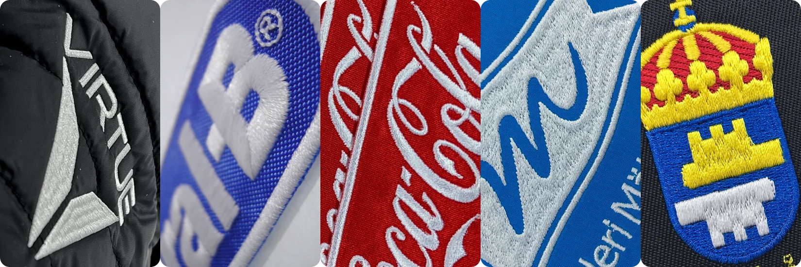 Fem exempel på broderade logotyper.