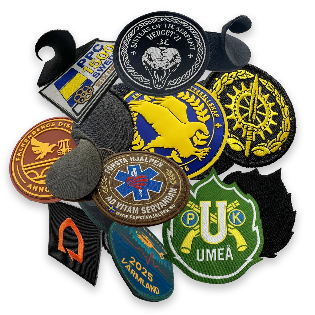 Kardborremärken av olika slag, såsom broderade, vävda och gummi. Som visar distinkta egenskaperna dem emellan.