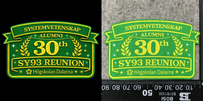 AI skiss och färdigt vävt tygmärke med konturskuren kant.