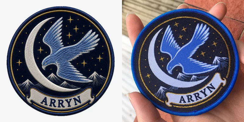 AI skiss och färdigt vävt tygmärke med langetterad kant.